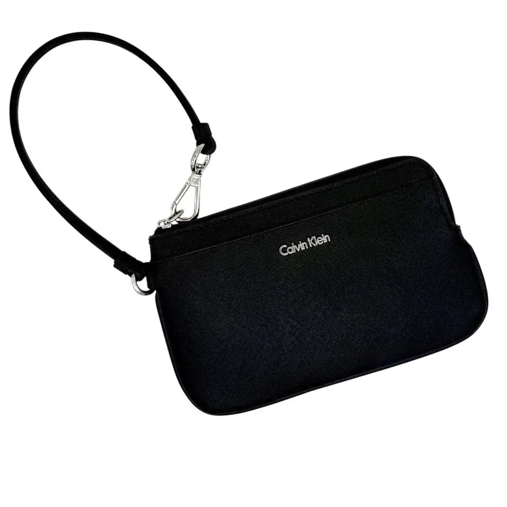 CK Black Saffiano Leather Wristlet Pouch Silver Logo Zip‎ Wallet - Calvin Klein